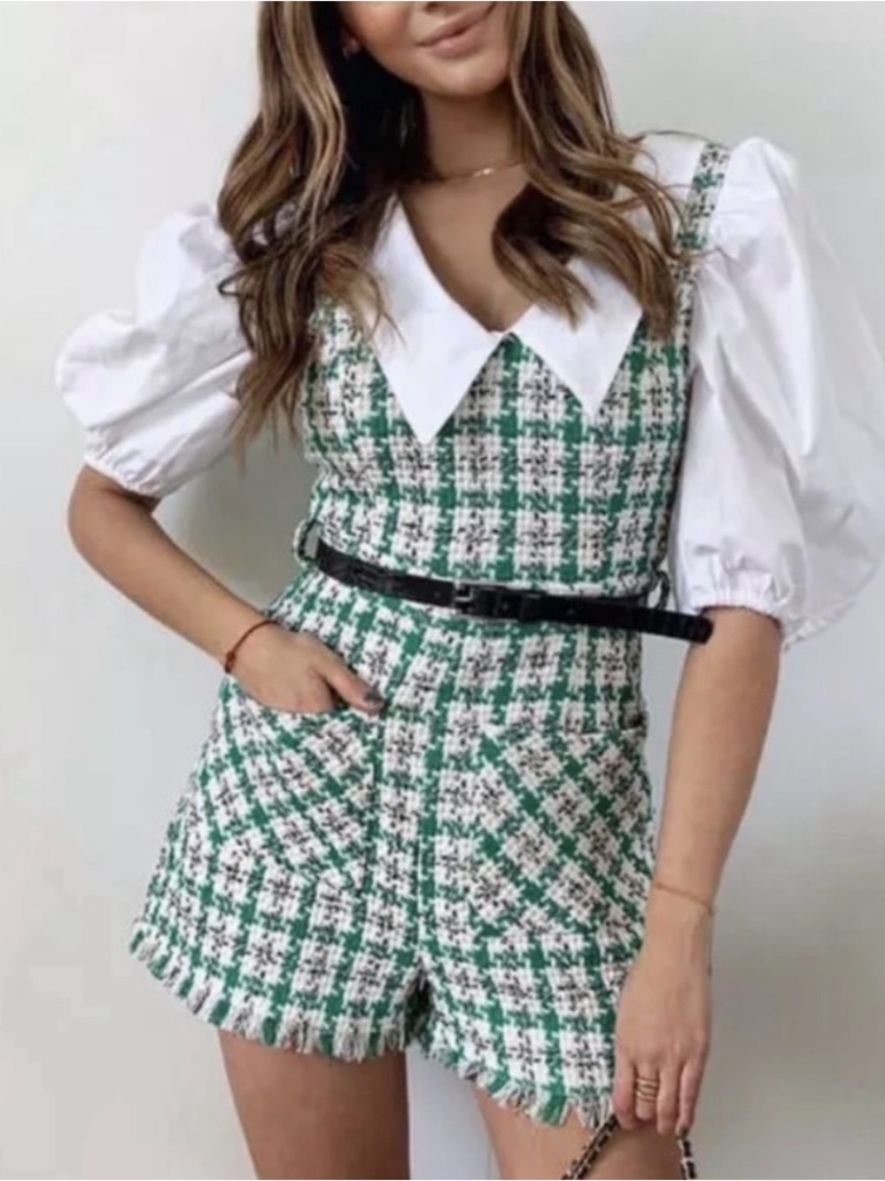 Zara textured weave jumpsuit ecru green white Size Large